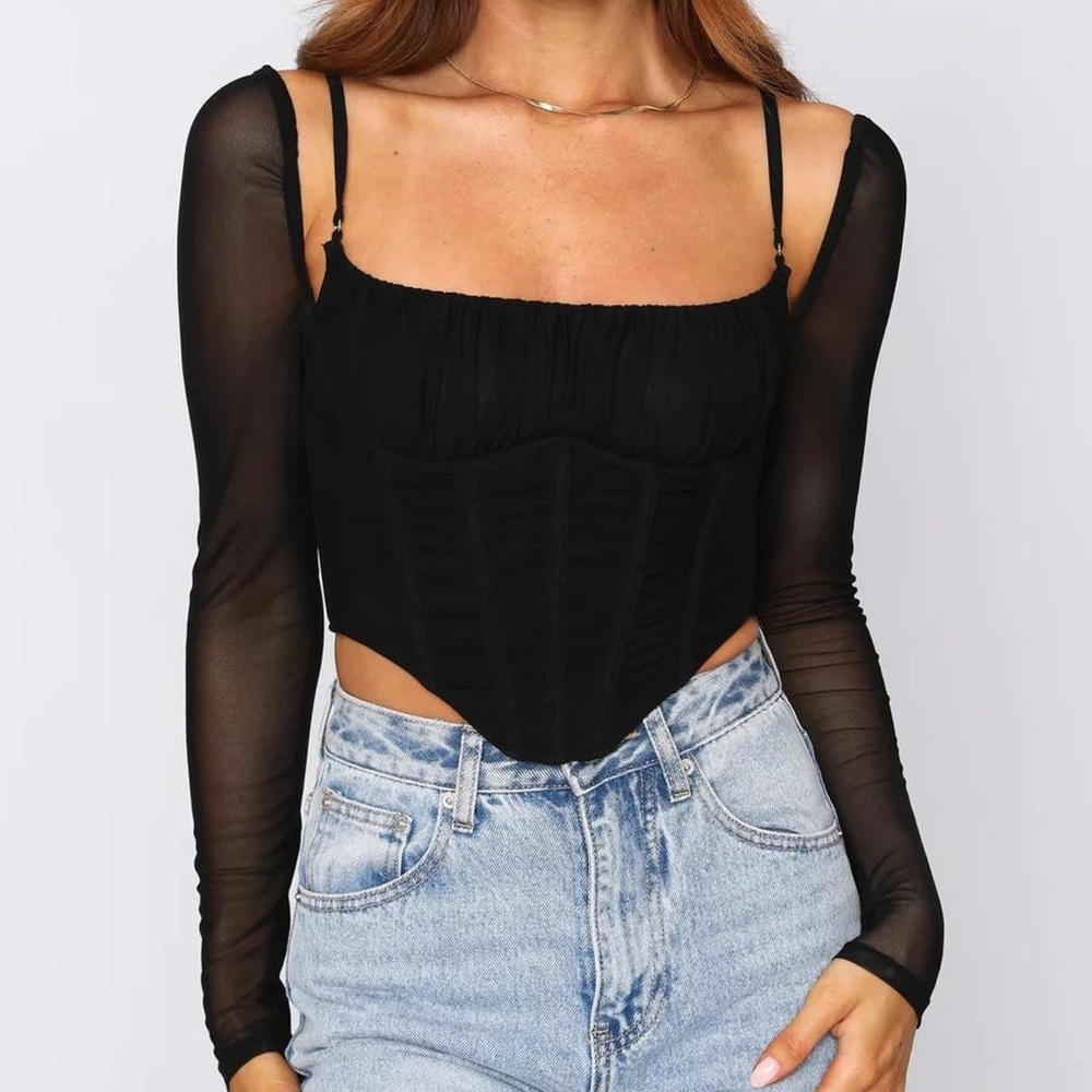 White Fox Black Bustier Corset Sheer Long Sleeve Women's Top